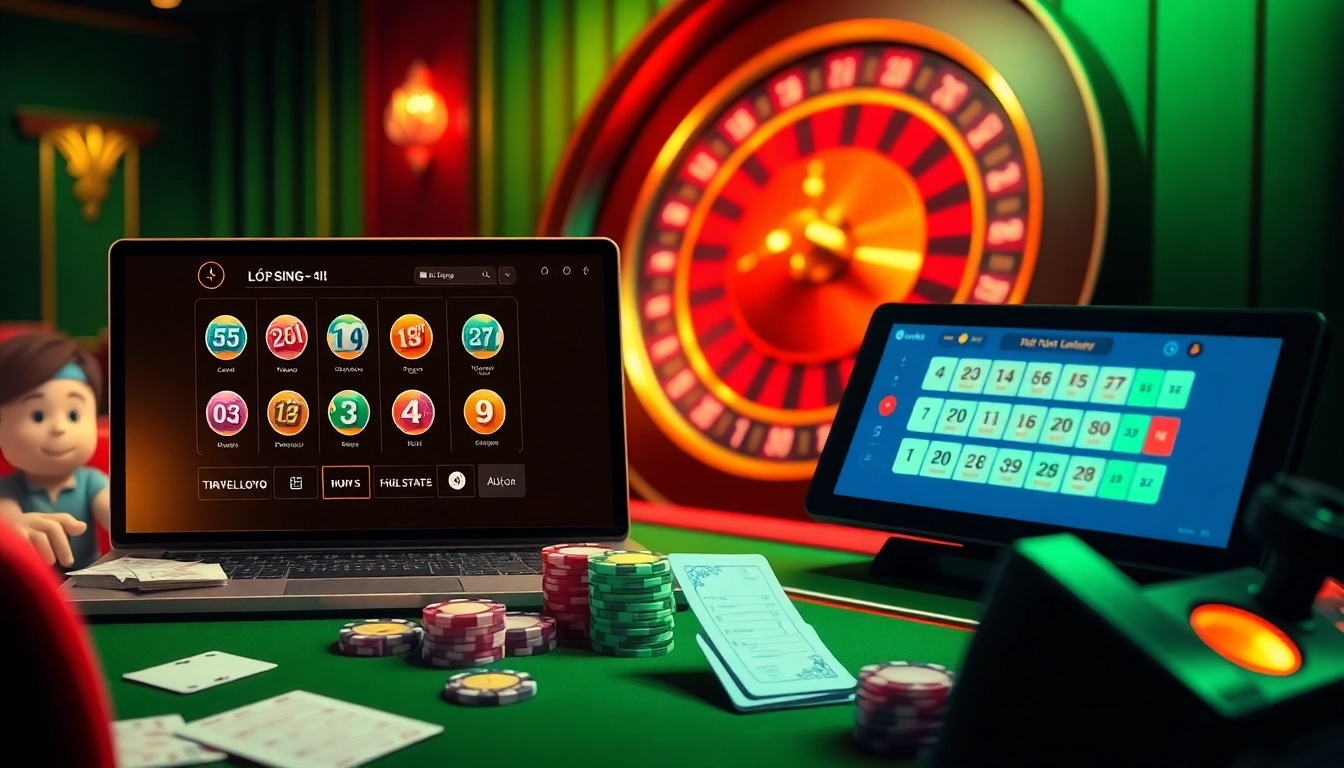 Participate in Lô Đề Trực Tuyến with an exciting casino scene featuring cards and roulette, tailored for online gamblers.