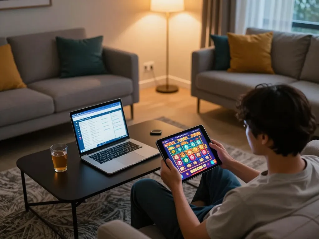 Player engaging with 789bet online gambling games on a tablet in a cozy living room