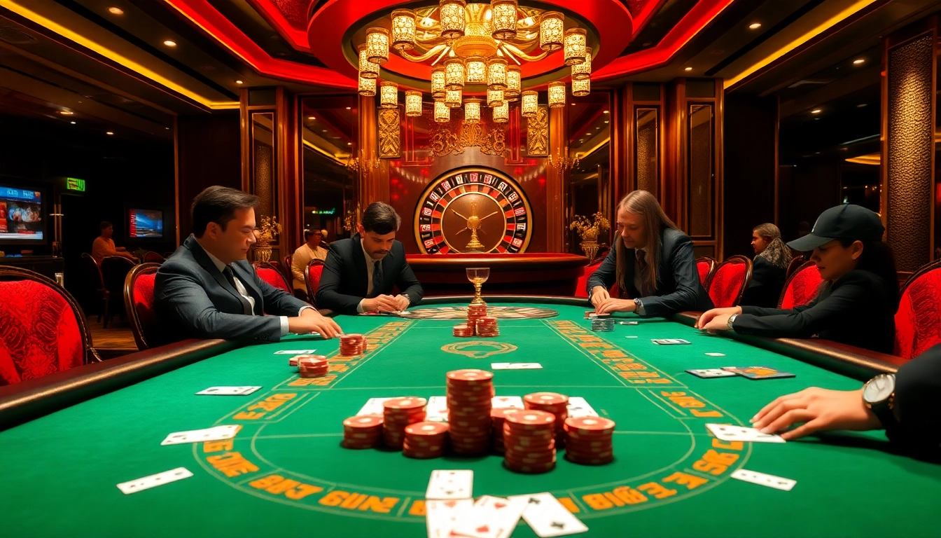 Players strategizing at a UK 88 poker table, surrounded by casino luxury and excitement