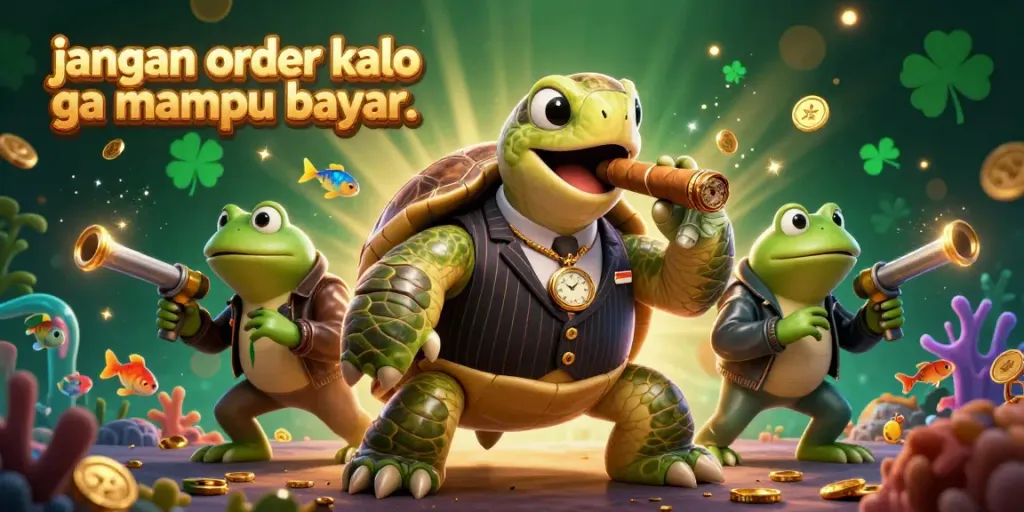 Engage in thrilling fish shooting with jangan order kalo ga mampu bayar.. featuring a turtle mobster and bullfrog enforcers.