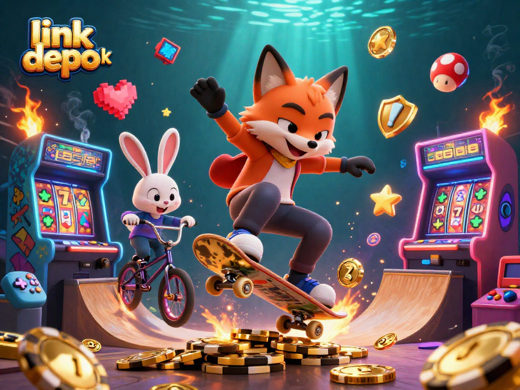 Engage with the thrilling world of link depo 5k through vibrant visuals of cartoon characters and casino elements.