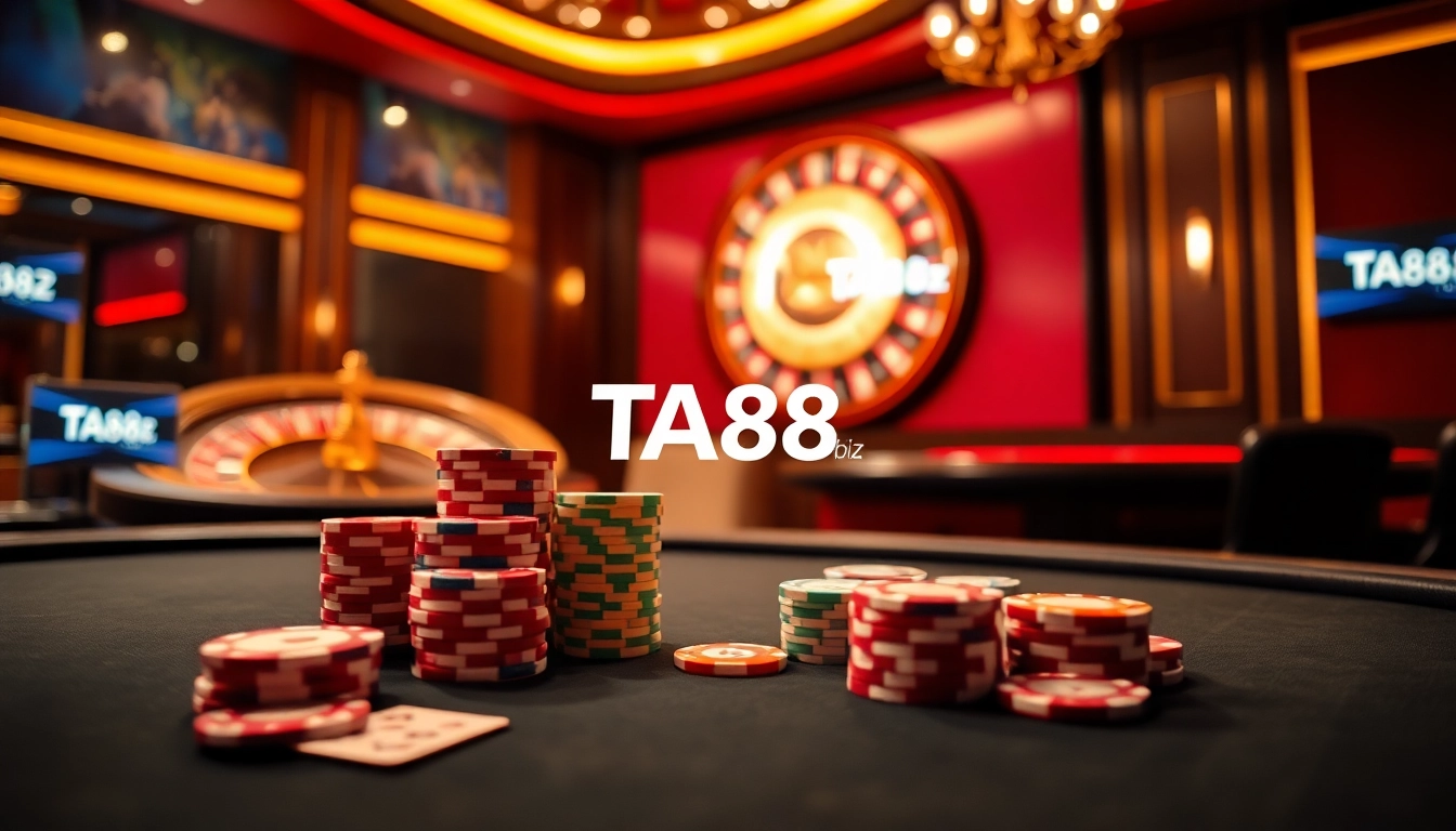 Experience the thrill of TA88.biz with vibrant poker tables and casino gameplay elements.