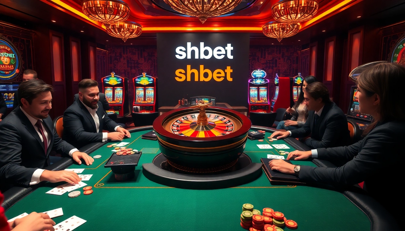 Exciting high-stakes action at shbet casino tables featuring poker chips, cards, and a roulette wheel.