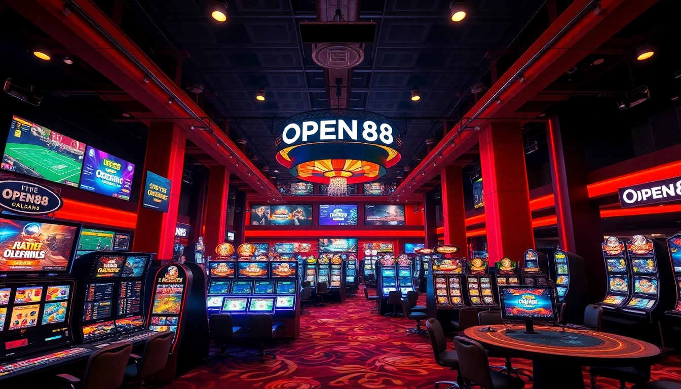 Exciting gaming environment at OPEN88 showcasing sports betting, vibrant slot machines, and live dealers.