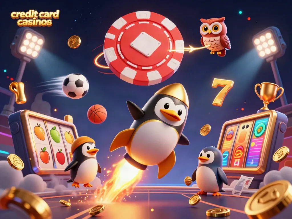 Exciting scene showcasing vibrant credit card casinos elements with gold coins, slot reels, and a penguin character.