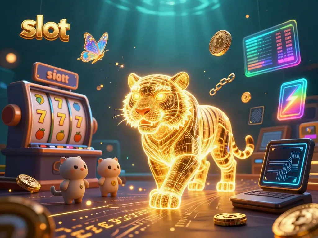 Slot dengan simbol keberuntungan dan koin kripto bersinar di kasino digital.