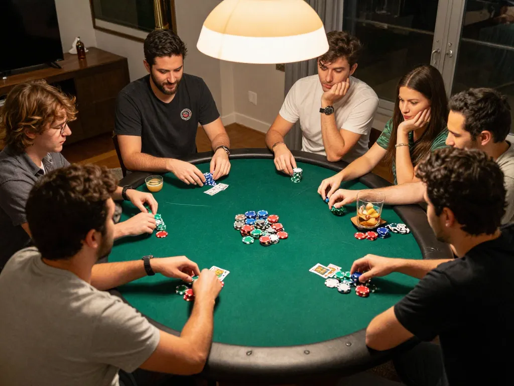 Friends enjoying a lively poker game at home, showcasing 888NEW's engaging gaming environment