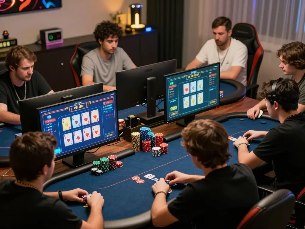 Players strategizing in an engaging online poker game on au88 platform with colorful interfaces.