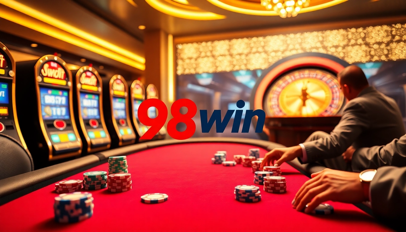 Experience the thrill of winning at 98win with vibrant poker tables and glamorous slot machines.