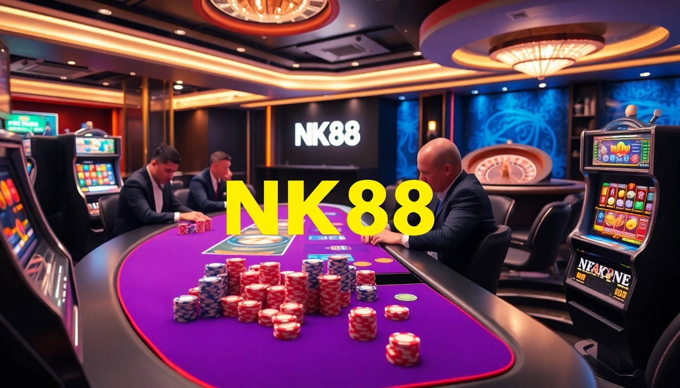 NK88 casino table featuring vibrant poker games and exciting slot machines in a lavish setting.