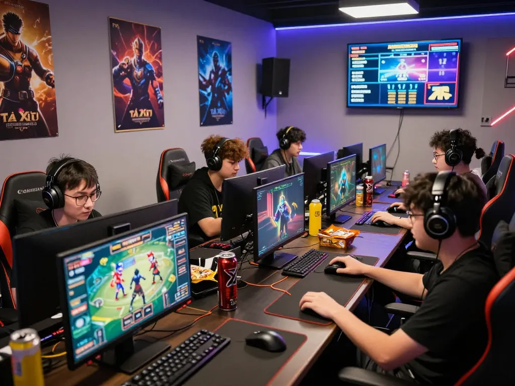 Exciting Tài Xỉu MD5 gaming scene with diverse players cheering and analyzing game statistics in a vibrant gaming room.