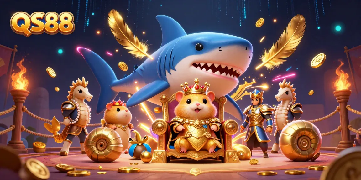 Experience the thrill of QS88 in a vibrant casino scene with a fierce hamster king and royal guards.