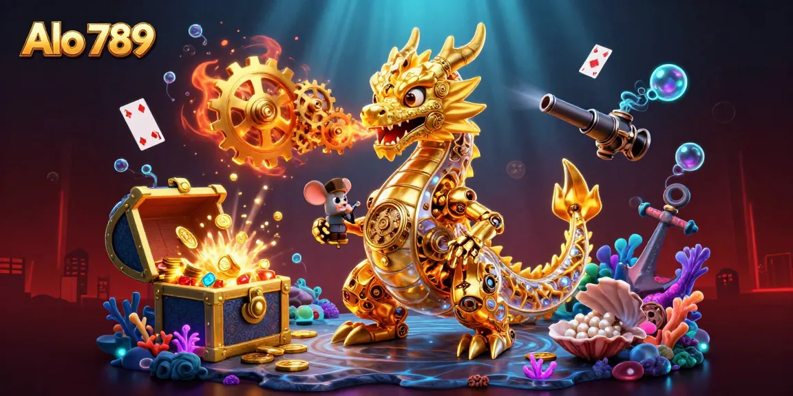 Experience Alo 789's thrilling action with our illustrated golden dragon amid dynamic casino-themed elements.