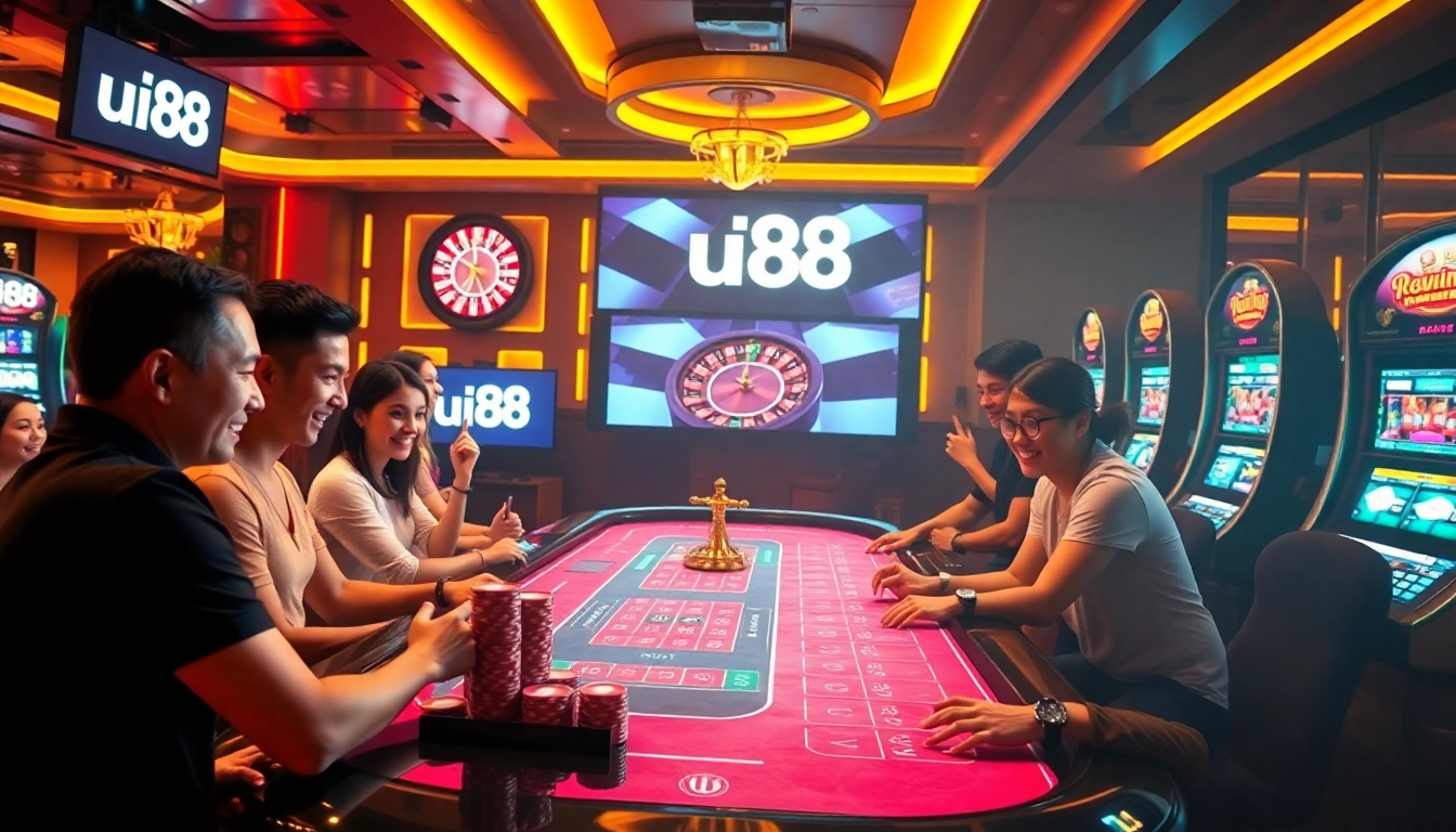 Players enjoying an exciting game at uu88 casino, featuring modern tables and vibrant atmosphere.