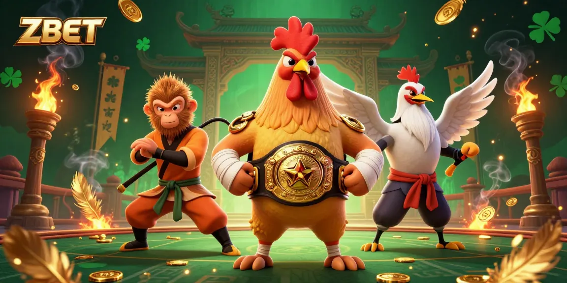 ZBET displays an energetic 3D casino scene featuring a Muay Thai rooster, a Shaolin monkey, and a wise crane master.