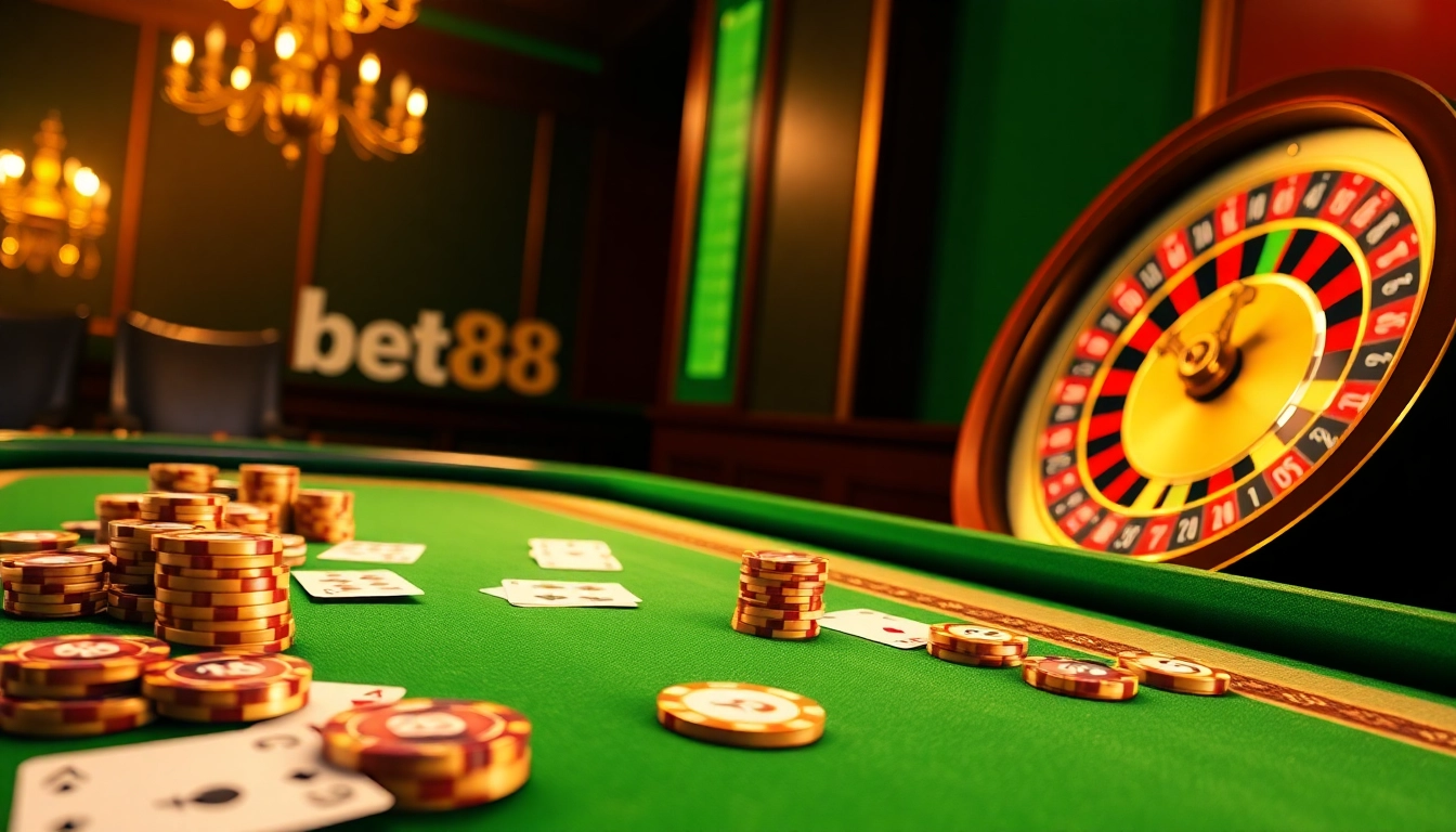 A player celebrates a win at bet88.com with poker chips and cards in an exciting casino scene.