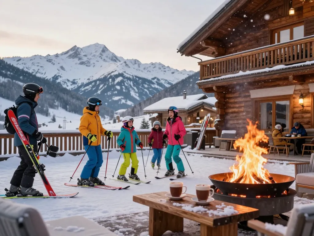 Winter family fun at a resort featuring https://www.hotel-restaurant-megeve.com/fr/ with ski activities and cozy fire pit.