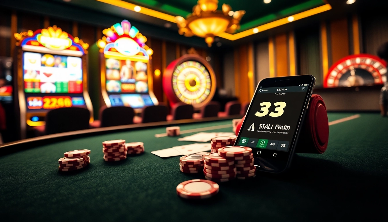 33win virtual casino experience with poker table, chips, and digital interface.