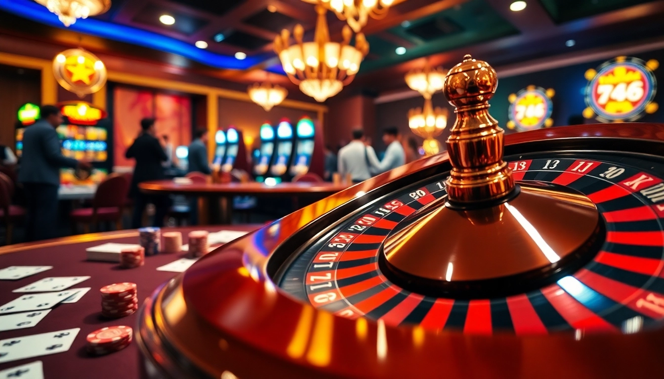 Experience luxurious gambling action at https://ok365t.fit/ with roulette wheel and vibrant poker scene.