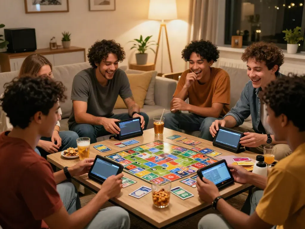 Friends enjoying Rumble Rummy in a cozy living room setting, surrounded by snacks and laughter.