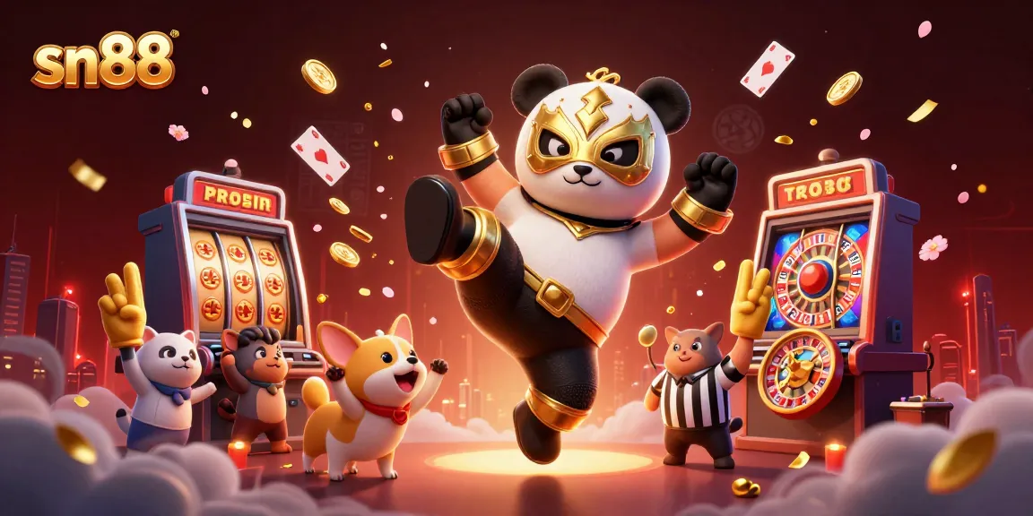 sn88 showcases a vibrant casino scene with a wrestler panda, coins, and colorful slot machines.