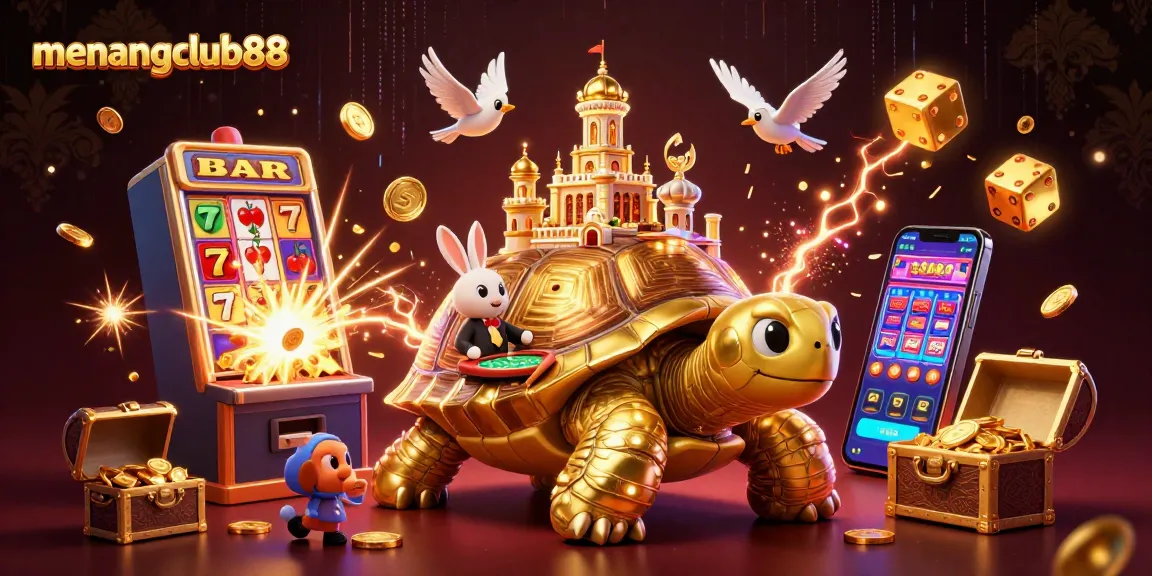 Experience excitement at menangclub88 with a vibrant scene filled with gold coins and casino games.