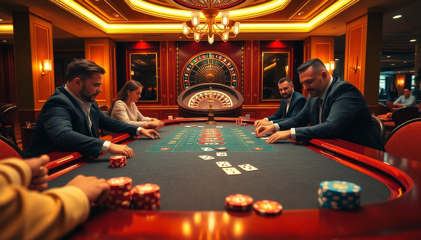 Players enjoying a thrilling poker game at FO88 casino with chips and cards on an elegant table.
