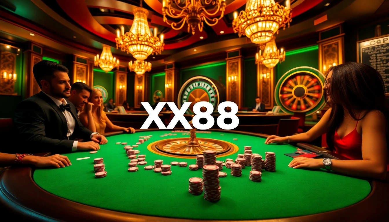 High-stakes poker action at XX88 casino with colorful chips and a roulette wheel.