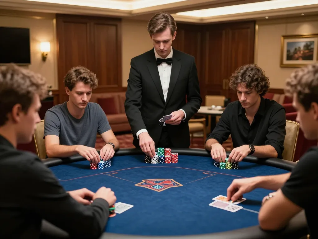 C175 poker players strategizing at a high-stakes table with vibrant chips and cards.