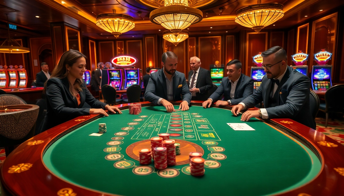 Players strategize at an NK88 poker table, surrounded by vibrant casino elements, capturing the excitement of gambling.