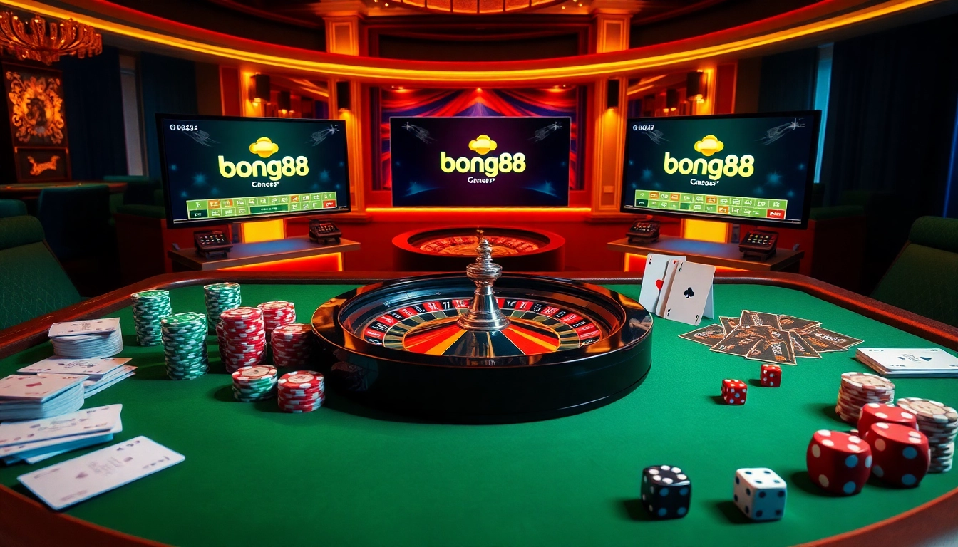 Engaging online gambling scene featuring a digital interface of https://bong88.casa/ with poker chips and betting slips.