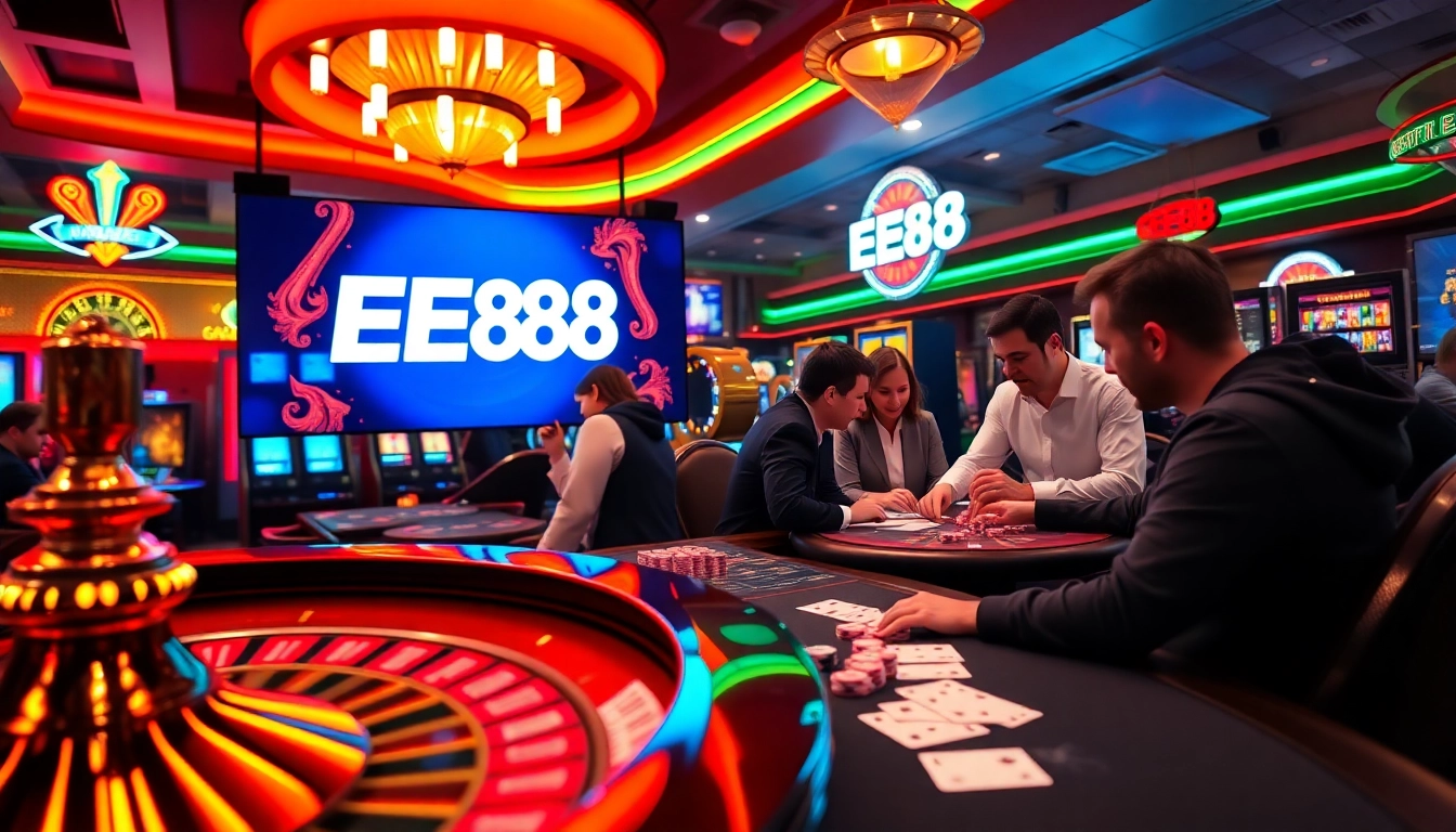 Exciting EE88 online gambling scene with roulette, cards, and players.