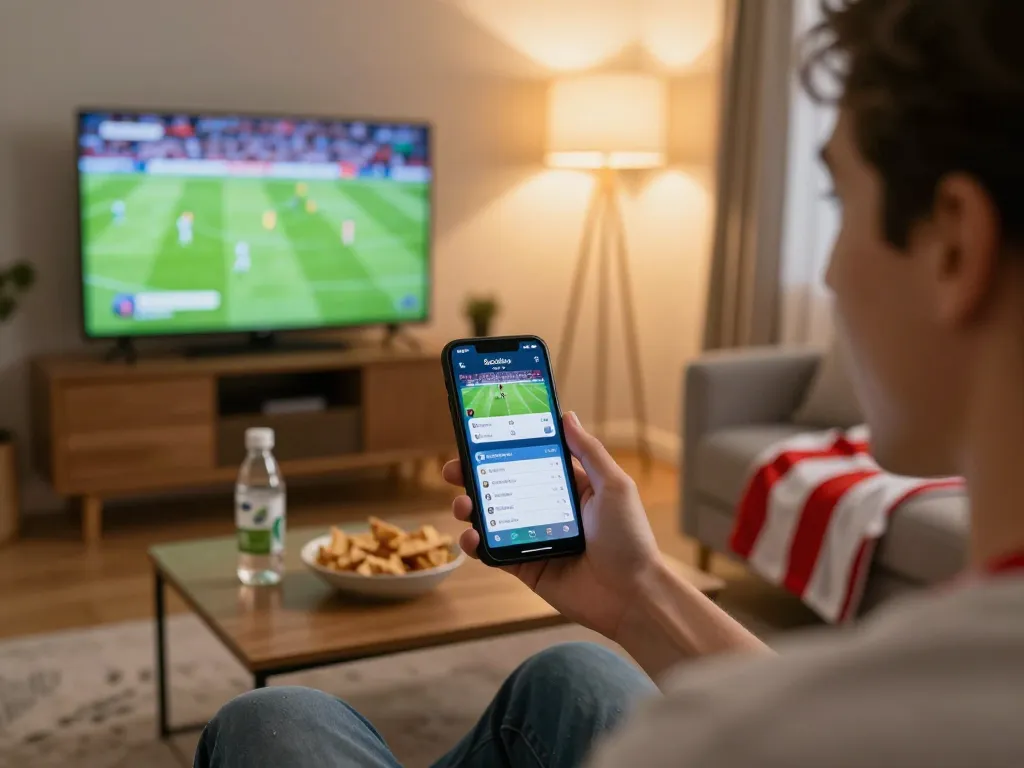 Socolive user engaging with live football betting on smartphone, enjoying a home viewing experience