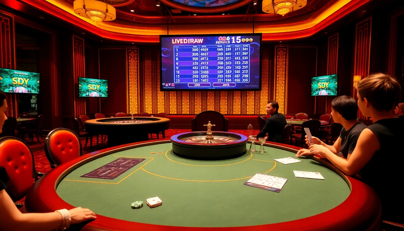 Experience the excitement of live sdy with players focused on real-time lottery results in a luxury casino setting.