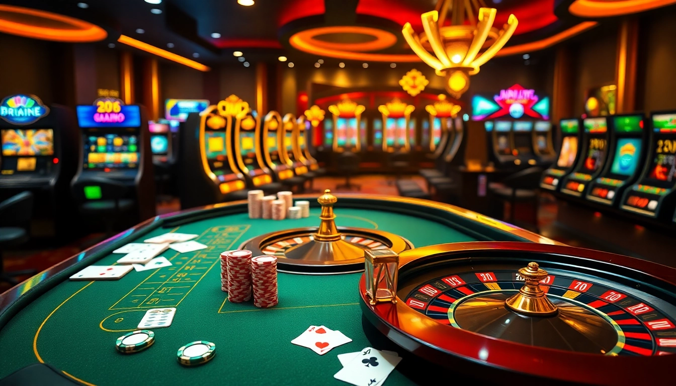 Engaging casino scene featuring Jun88 gaming with vibrant poker chips and roulette.