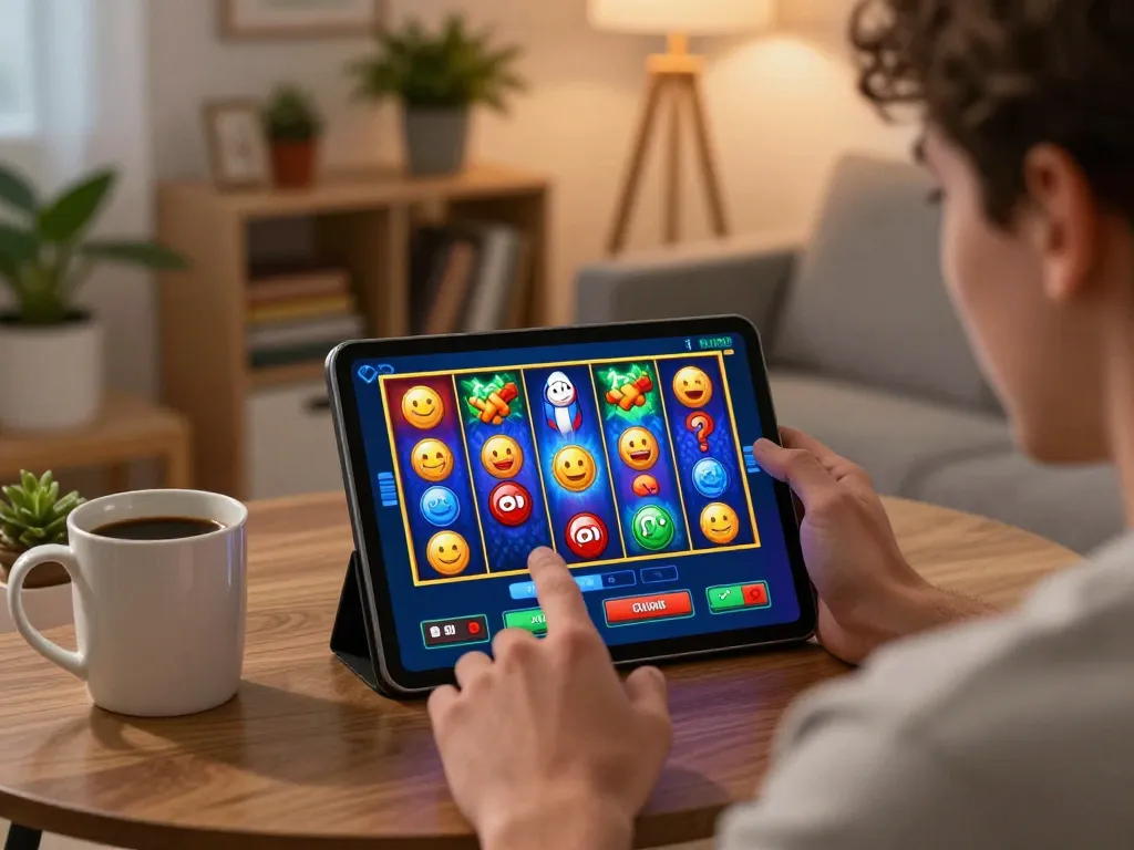Player enjoying a slot online game on a tablet in a cozy home environment celebrating a big win.