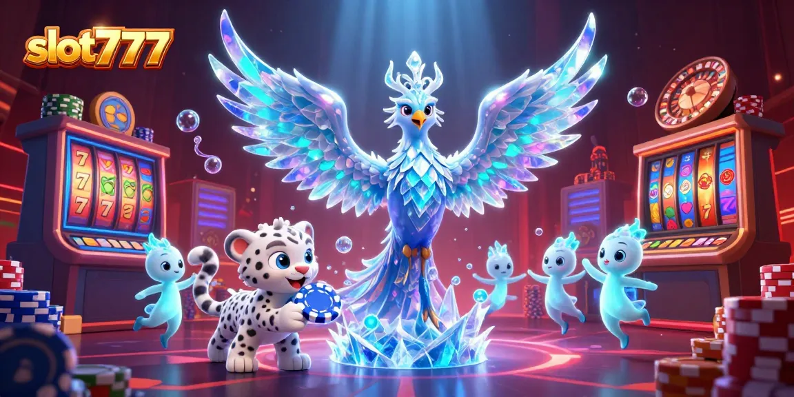Experience thrilling slot777 gameplay with a captivating illustration of an ice phoenix and vibrant casino elements.