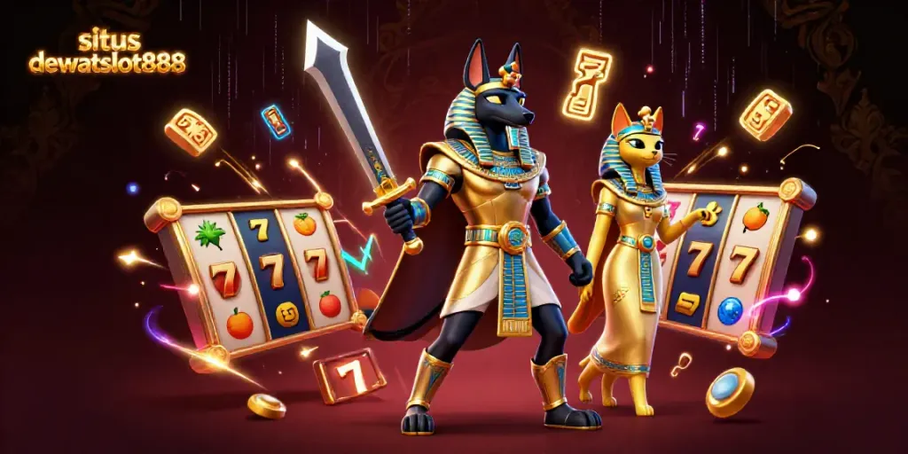 Situs dewataslot888 menampilkan Anubis dan Bastet di ilustrasi kasino bertema Mesir kuno.