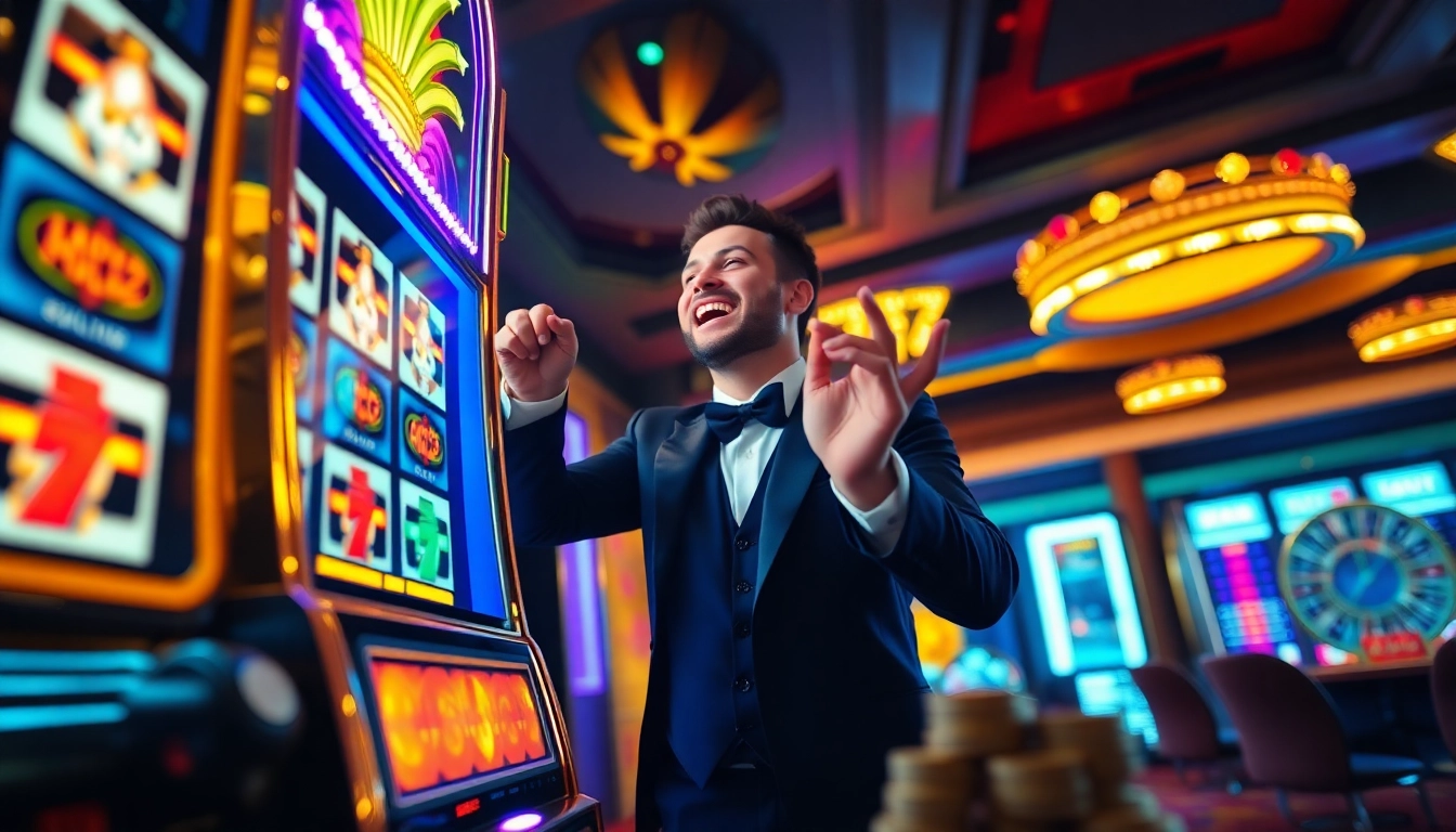 Pemain yang bersemangat menang di mesin slot777 dalam suasana kasino yang cerah
