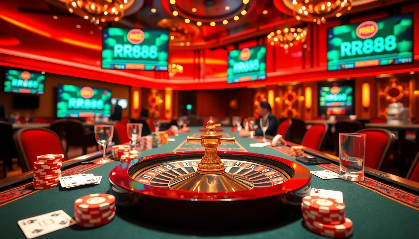 Experience thrilling gameplay at RR88 with poker chips and cards on a luxurious casino table.