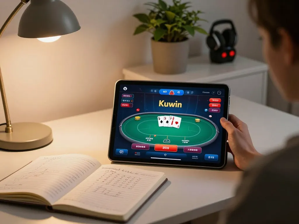 Kuwin player engaging in online poker strategy using a tablet in a cozy home setup