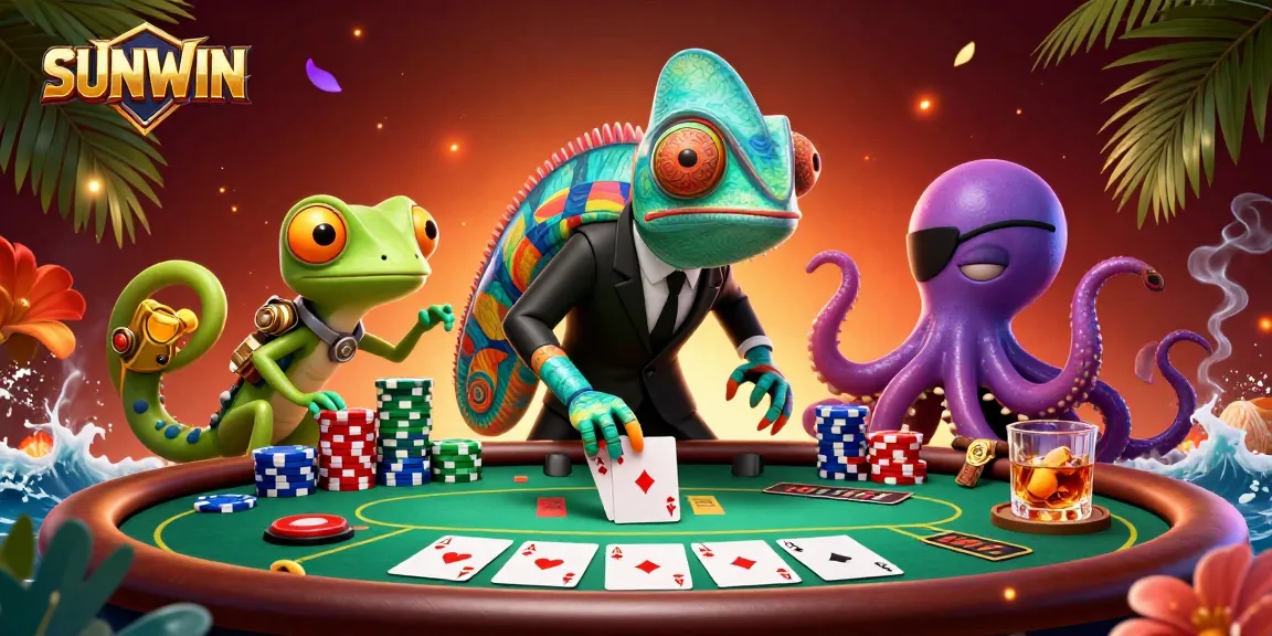 SUNWIN showcases a lively poker showdown with colorful chips and expert characters in a vibrant scene.