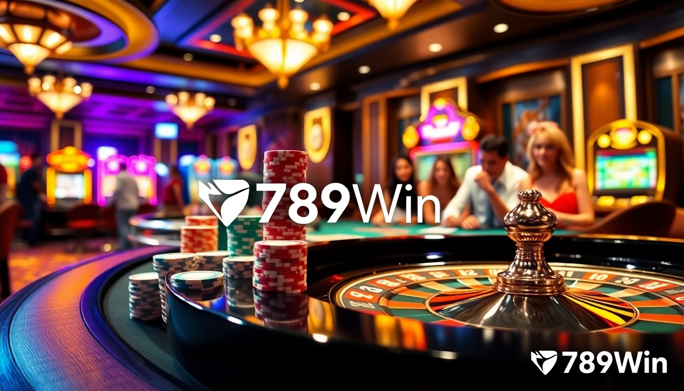 Players enjoying a thrilling game night at 789Win casino with bright lights and luxury decor.