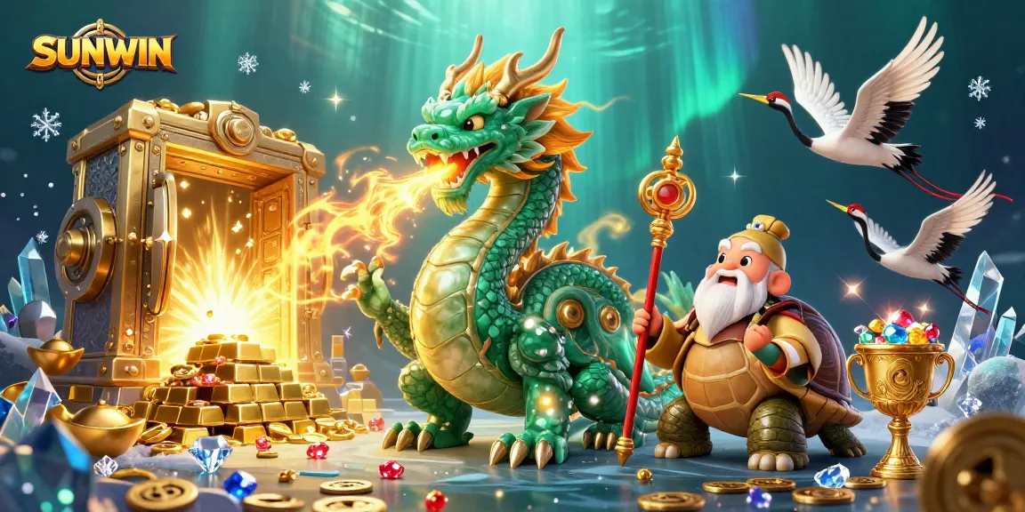 Experience thrilling moments at SUNWIN with emerald dragon, turtle sage, and lucky cranes in a vibrant casino setting.