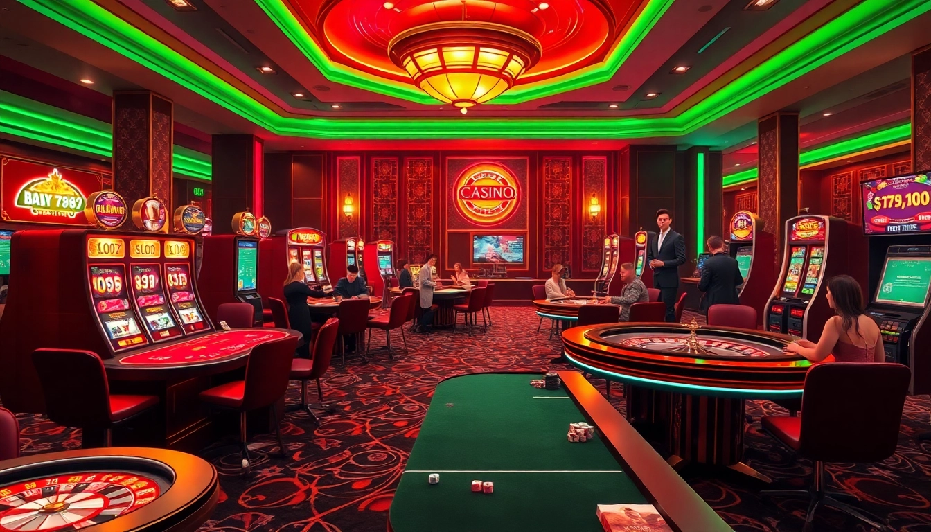 Players enjoying vibrant gaming experiences at Bay 789 online casino with luxurious tables and slot machines.