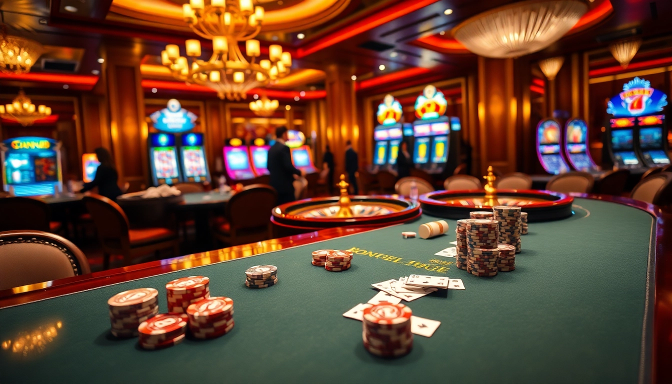 Bong88 players enjoying high-stakes poker with chips and cards in a luxurious casino atmosphere.