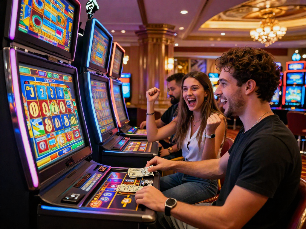 Exciting casino scene with players enjoying slot gacor games, celebrating wins amidst vibrant decor.