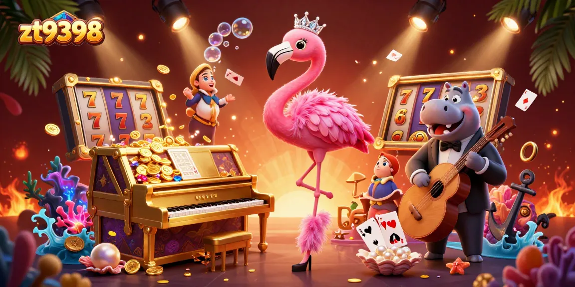 Experience the vibrant zt9398 casino scene featuring a flamingo singer and jackpot elements, capturing the thrill of gambling.