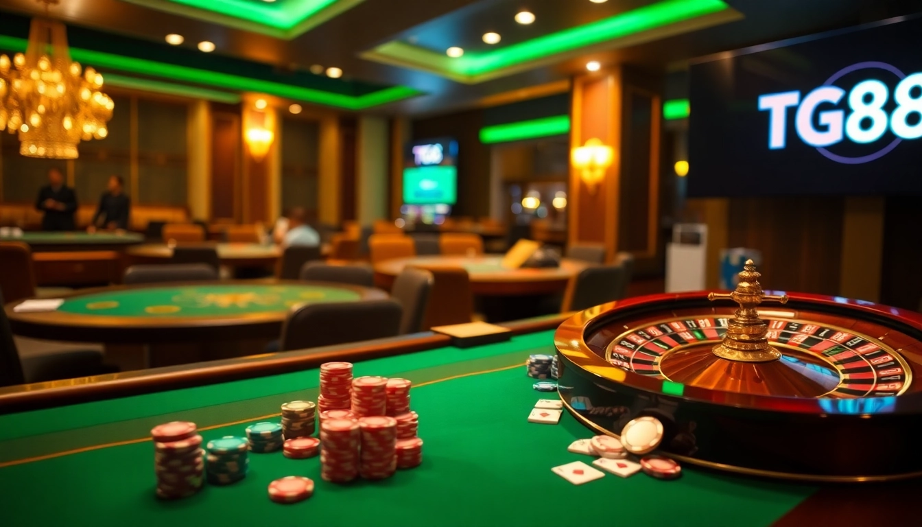 Experience the excitement of TG88 casino games at a luxurious poker table with vibrant chips and cards.