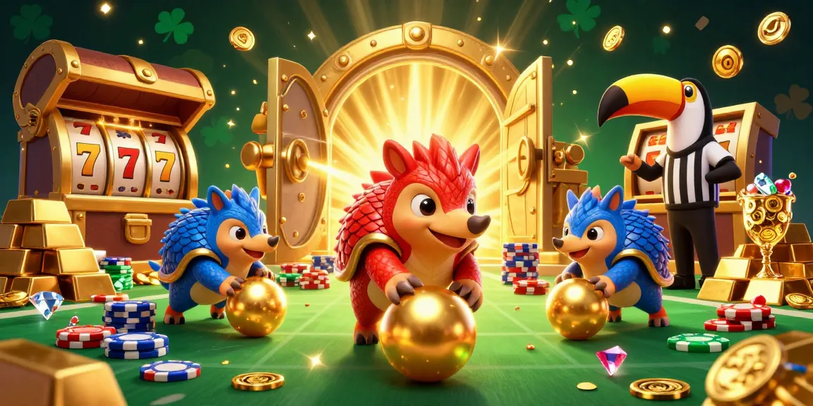 XOSO66 showcases a vibrant scene with rival pangolins bowling through poker chips amid riches.